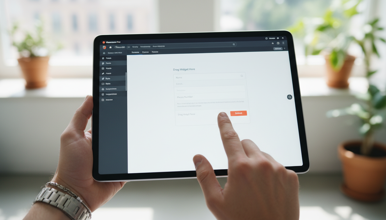 Mão usando tablet com Elementor PRO para criar formulário profissional