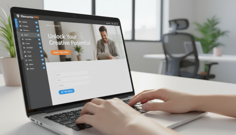 Interface do Elementor PRO em laptop, criando landing page otimizada