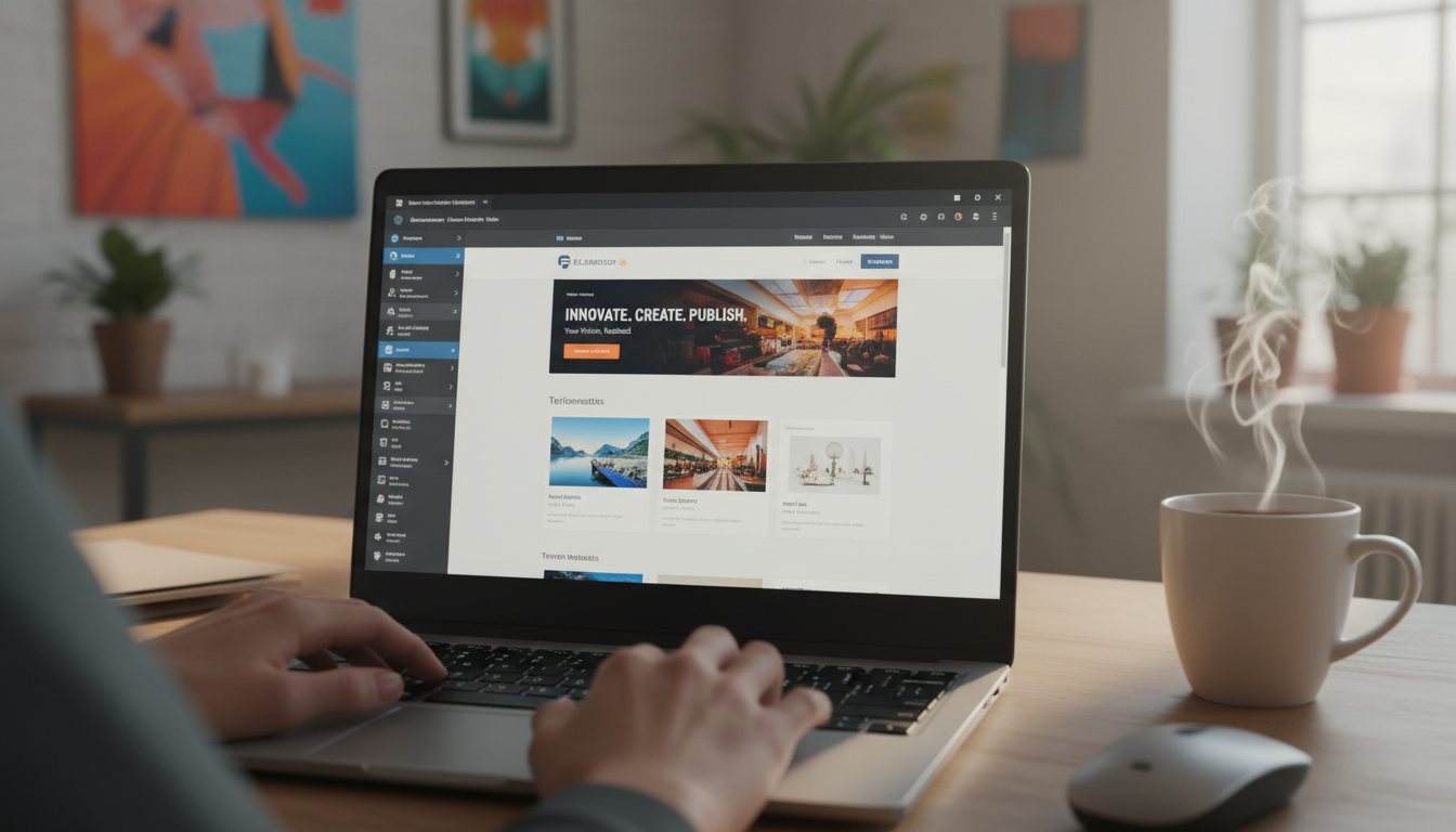 Tela de laptop com interface do Elementor PRO, mãos de designer digitando, criando projetos incríveis