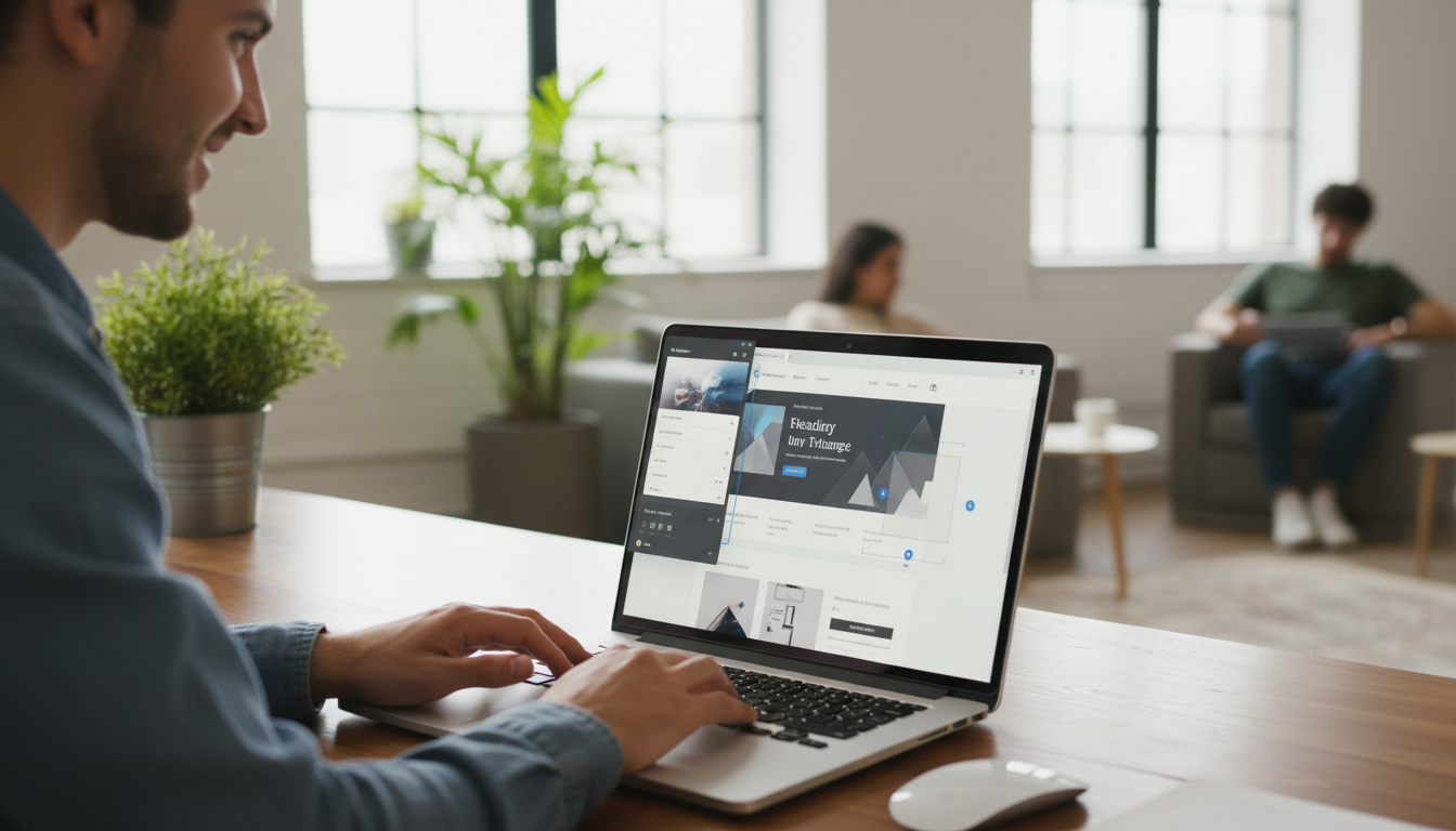 Interface do Elementor PRO em um laptop, mostrando um site em construção com design moderno e profissional