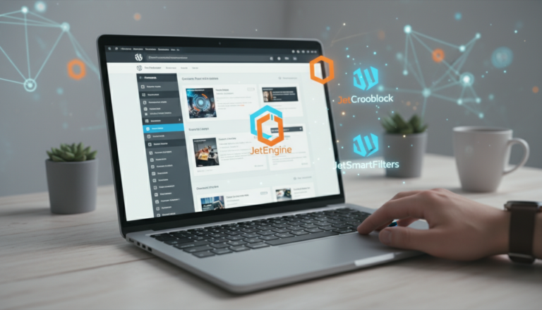 Laptop com site WordPress e logos Crocoblock, simbolizando desenvolvimento web avançado sem código.