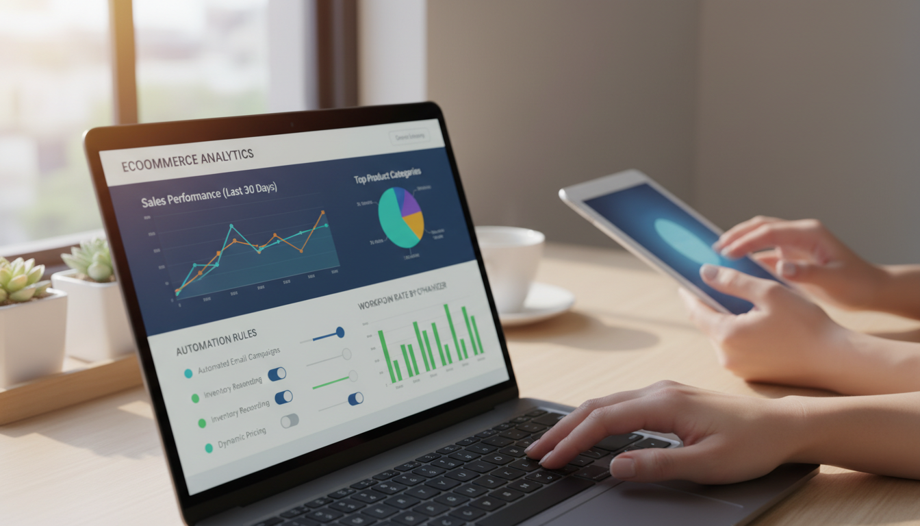 Dashboard de automação WooCommerce com gráficos de desempenho e configurações de plugins