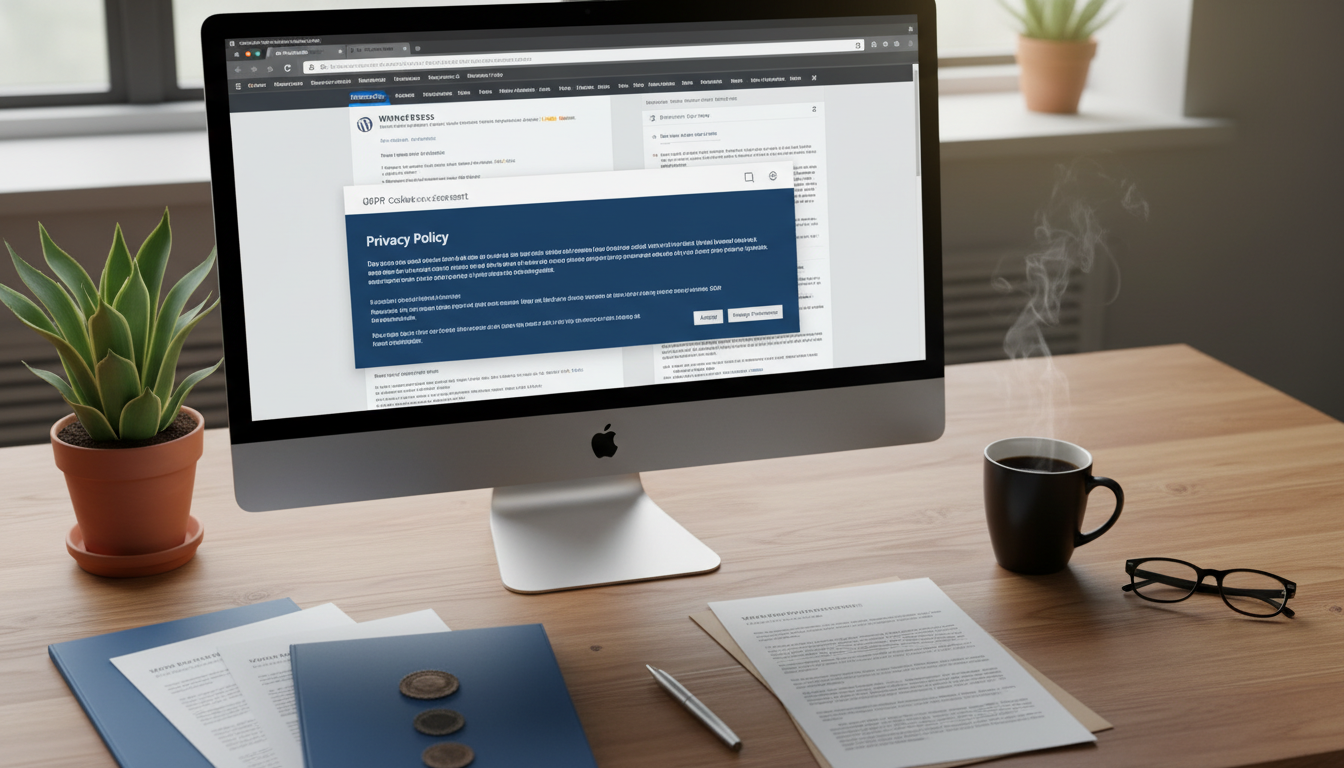 Dashboard do WordPress com banners de consentimento GDPR e documentos de privacidade