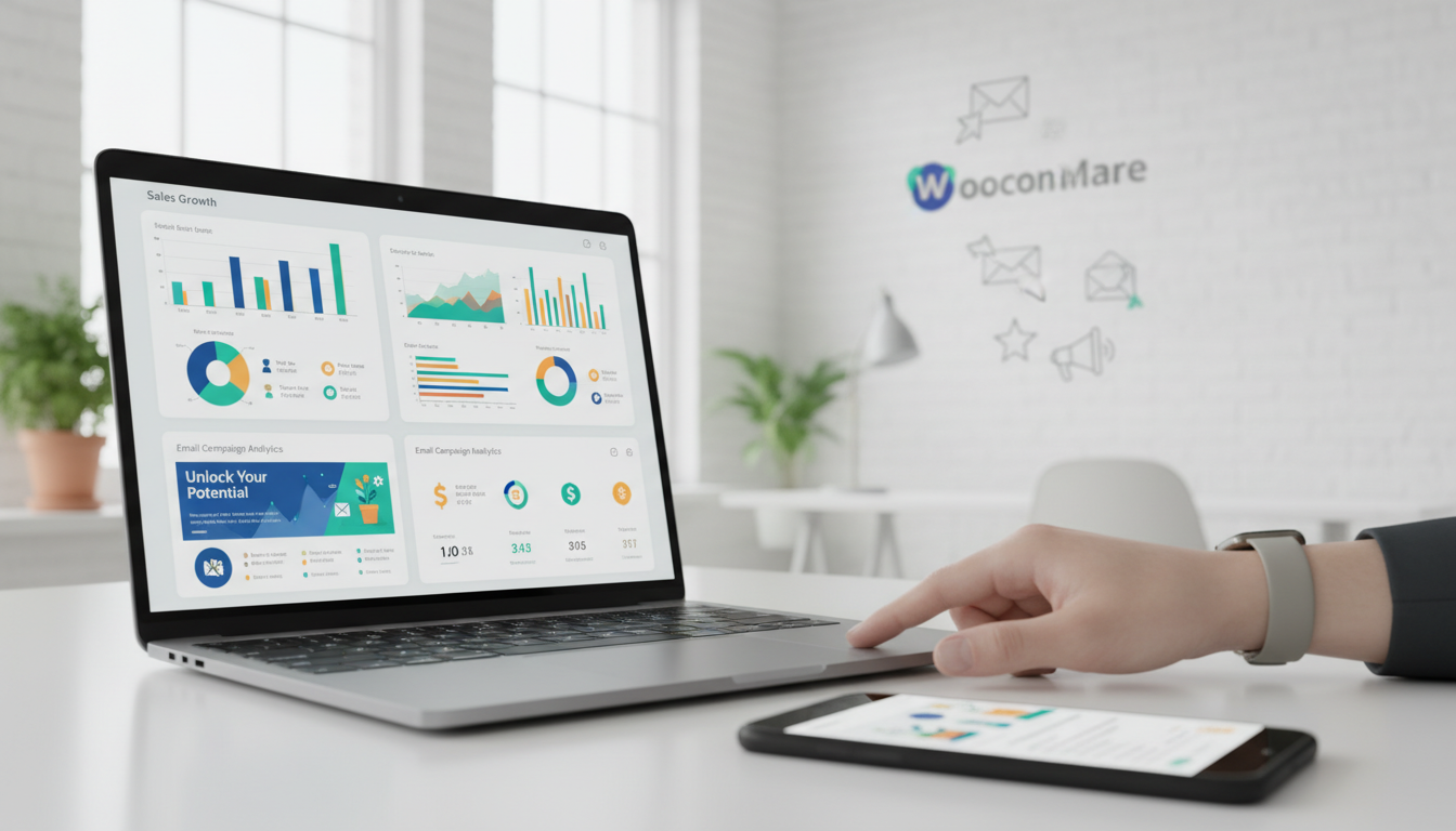 Dashboard de e-mail marketing integrado ao WooCommerce, mostrando análises de vendas e campanhas