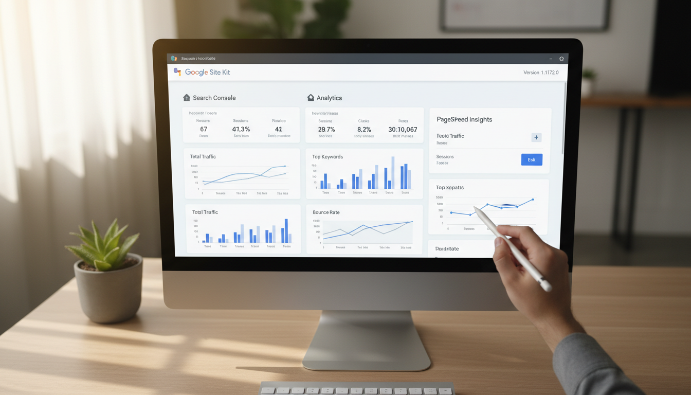 Dashboard Site Kit Google 1.172.0, análise de dados, SEO, Google Analytics, Search Console, PageSpeed Insights, otimização de site.