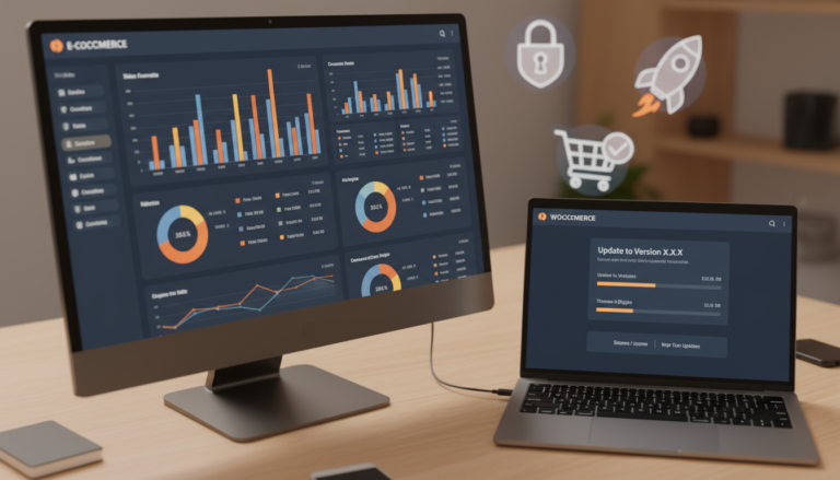 Painel de administração do WooCommerce 10.5.1 com gráficos de desempenho
