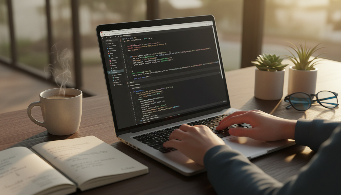 Mãos digitando código em um laptop, com snippets de JavaScript e CSS visíveis na tela, simbolizando gerenciamento eficiente de scripts e estilos.