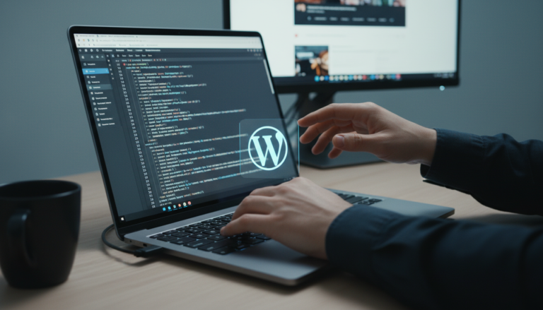 Desenvolvedor escrevendo snippets de código PHP para WordPress em um laptop, com o logo do WordPress na tela.