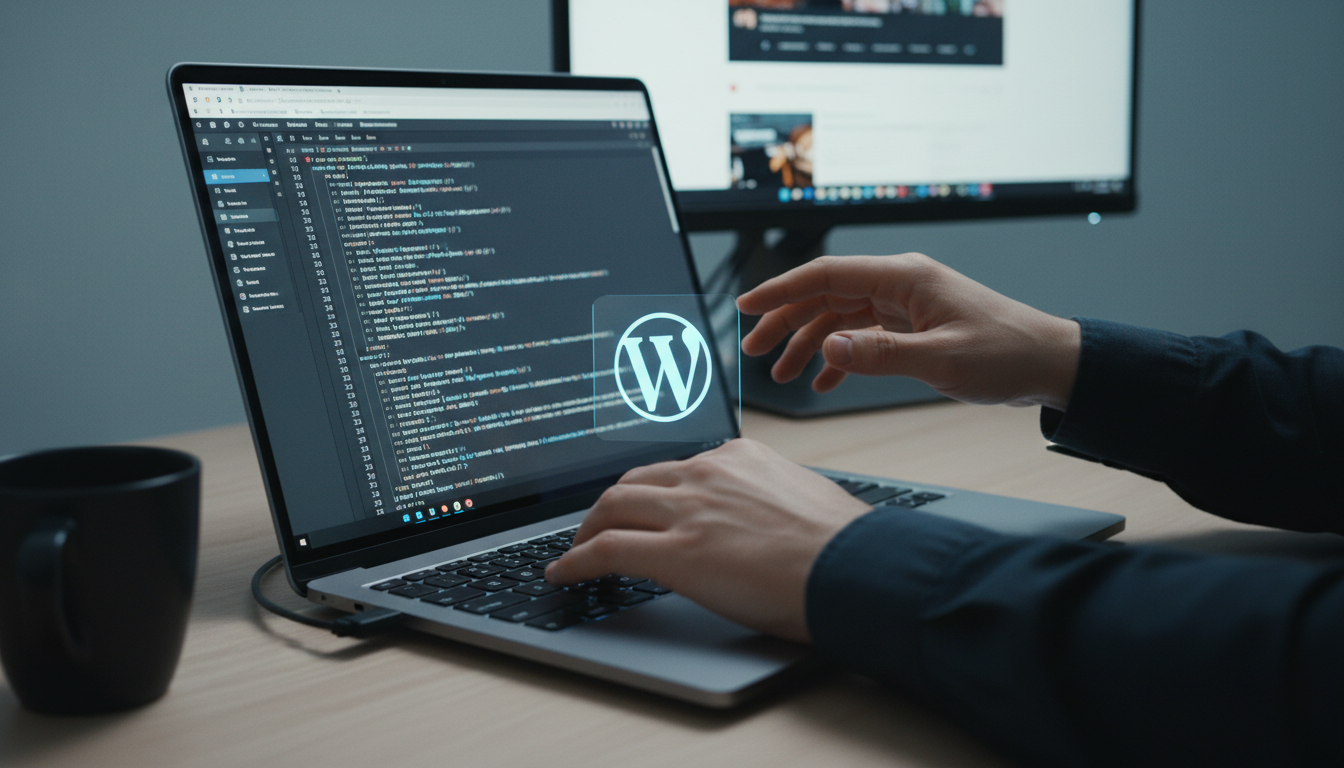 Desenvolvedor escrevendo snippets de código PHP para WordPress em um laptop, com o logo do WordPress na tela.
