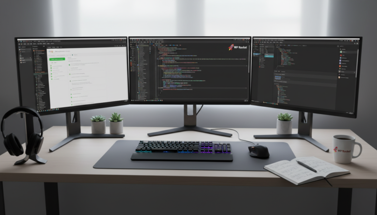 Desenvolvedor codificando otimizações de performance com WP Rocket, hooks e filtros