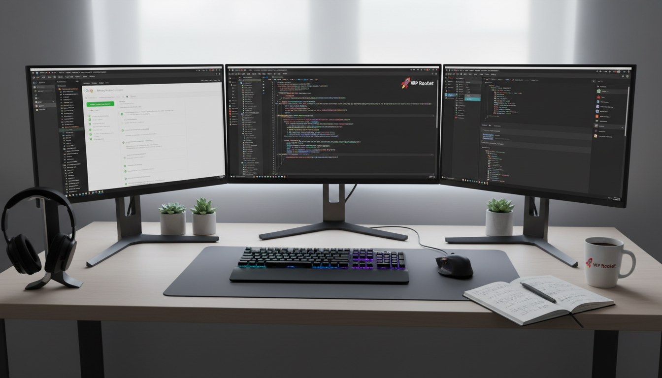 Desenvolvedor codificando otimizações de performance com WP Rocket, hooks e filtros