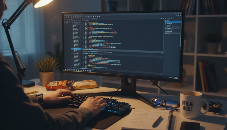 Tela de computador com código, breakpoints e console.log, mãos de desenvolvedor digitando, simbolizando Debugging Snippets