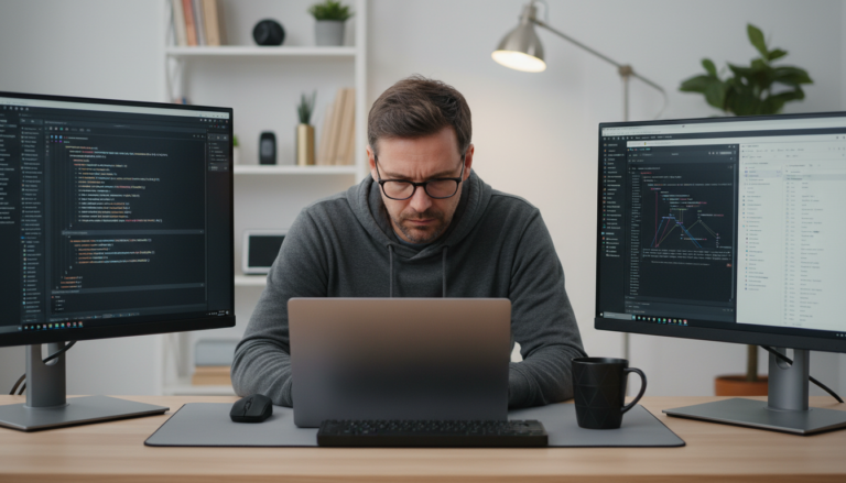 Desenvolvedor trabalhando em código WordPress com ambiente de desenvolvimento local