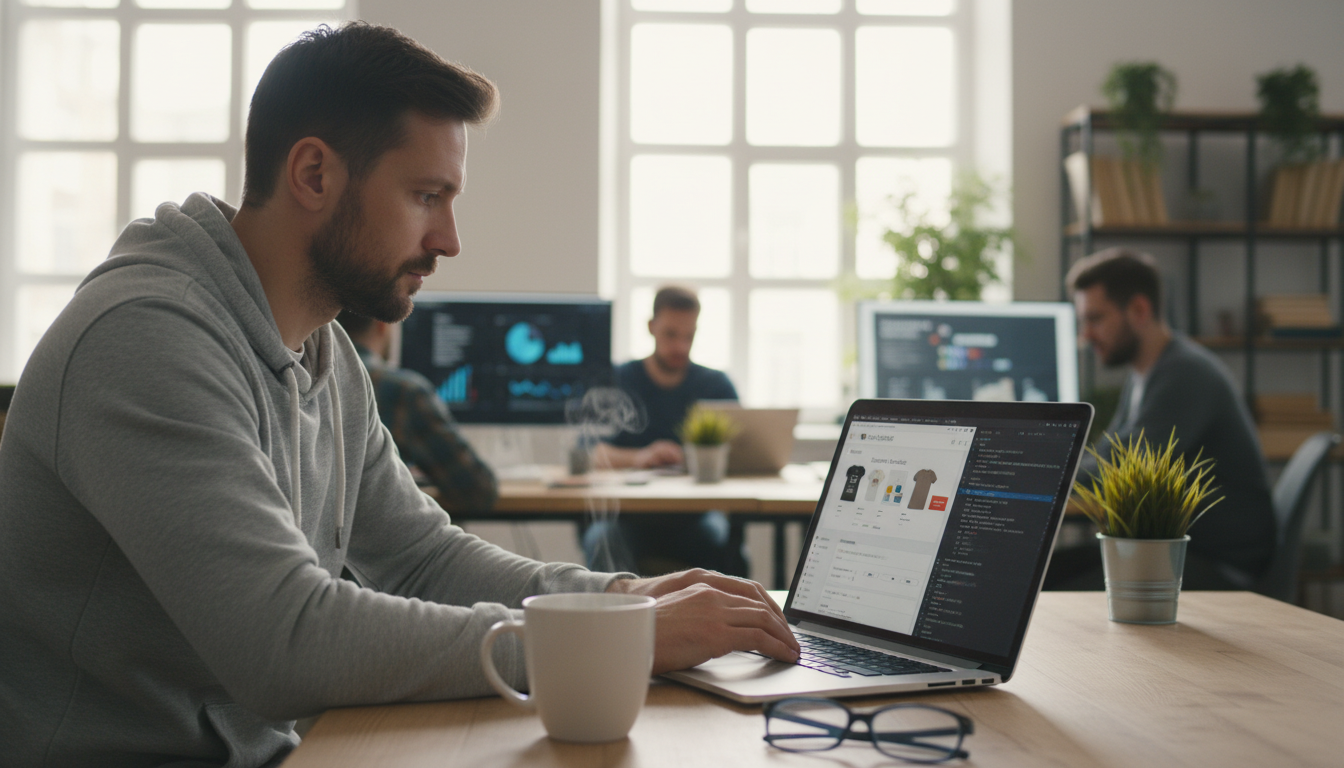 Desenvolvedor criando um plugin personalizado para WooCommerce em um laptop