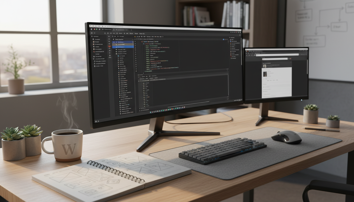 Desenvolvedor criando tema WordPress do zero, código PHP e CSS em VS Code, ambiente de desenvolvimento limpo e focado.