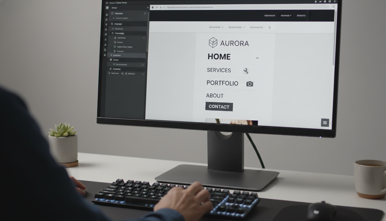 Interface Elementor PRO criando menu de navegação personalizado com ícones e tipografia exclusiva
