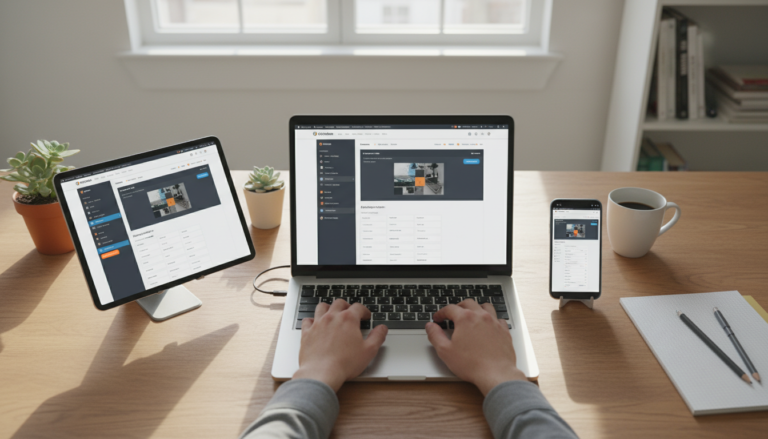 Interface do Crocoblock sendo usada para criar design responsivo em múltiplas telas (laptop, tablet, smartphone), exibindo um site que se adapta perfeitamente.