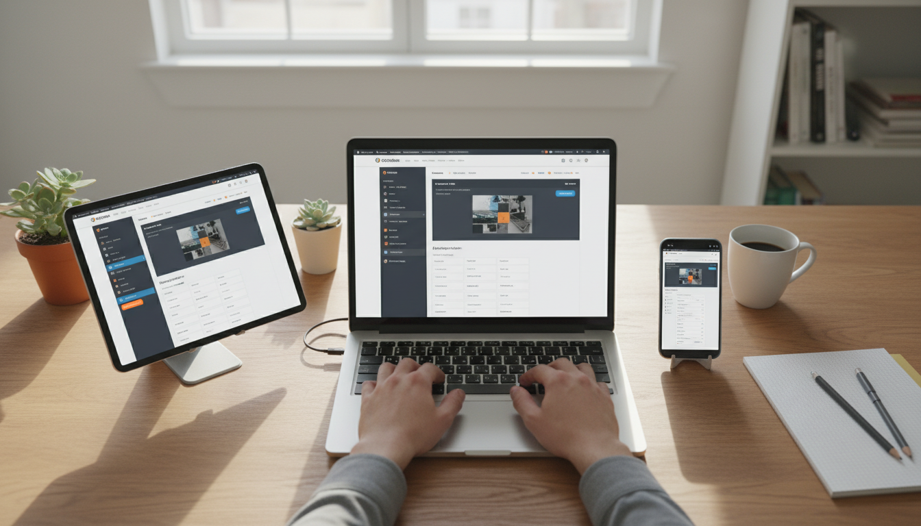 Interface do Crocoblock sendo usada para criar design responsivo em múltiplas telas (laptop, tablet, smartphone), exibindo um site que se adapta perfeitamente.