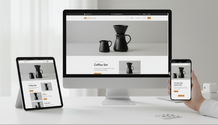 Loja WooCommerce responsiva em desktop, tablet e celular, adaptando-se a telas de diferentes tamanhos para melhor experiência do usuário e SEO.