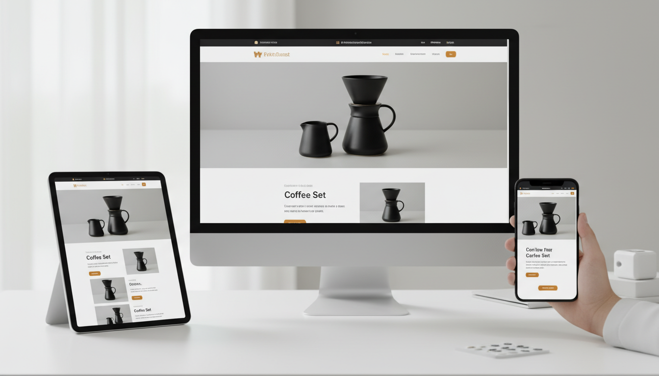 Loja WooCommerce responsiva em desktop, tablet e celular, adaptando-se a telas de diferentes tamanhos para melhor experiência do usuário e SEO.