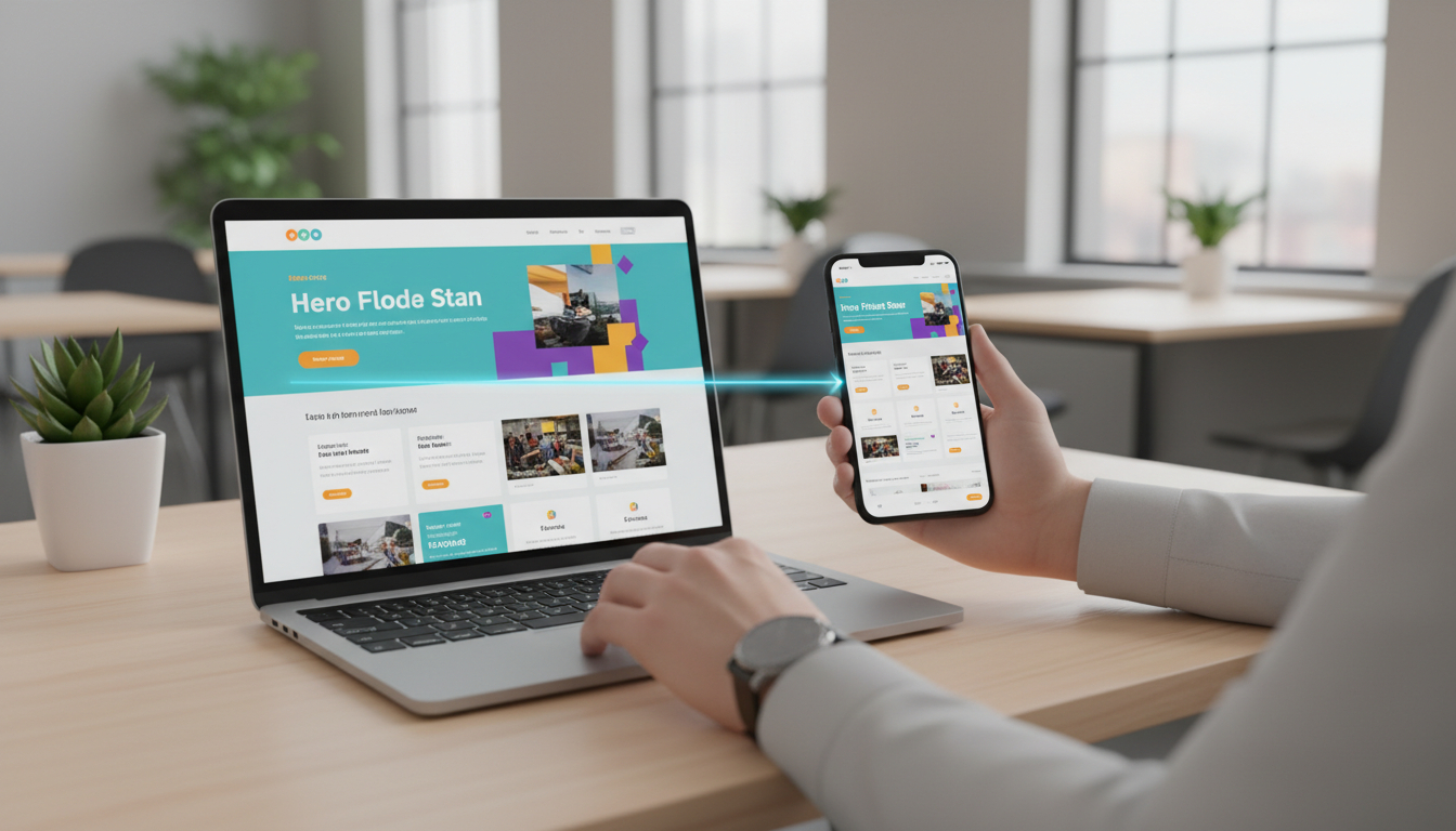 Website WordPress responsivo em laptop e smartphone, adaptando-se a diferentes telas
