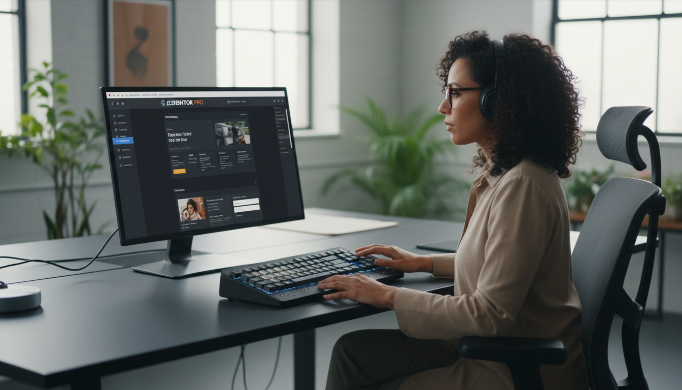 Pessoa usando Elementor PRO para criar um site acessível, com foco em inclusão digital e usabilidade para pessoas com deficiência visual.