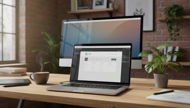 Interface do Elementor PRO Theme Builder em um laptop, com design de cabeçalho e widgets.