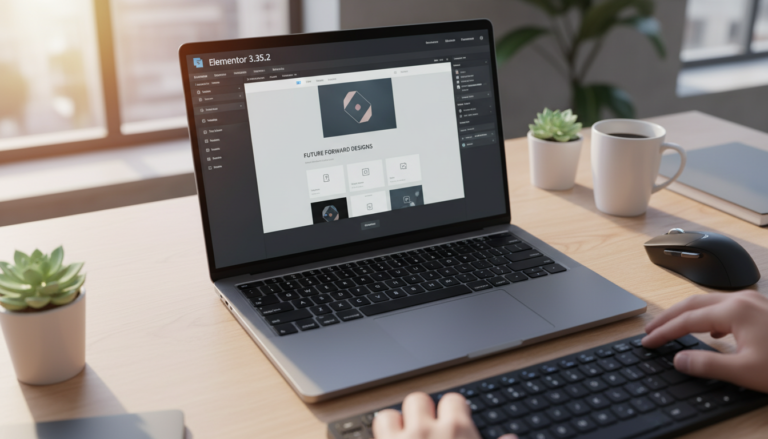 Interface do Elementor 3.35.2 em um computador, mostrando as melhorias de desempenho e usabilidade