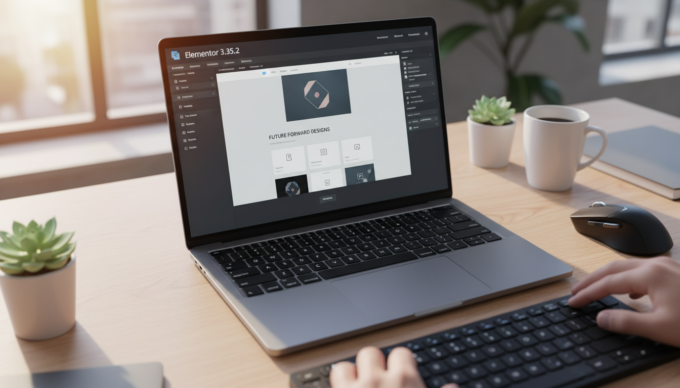 Interface do Elementor 3.35.2 em um computador, mostrando as melhorias de desempenho e usabilidade