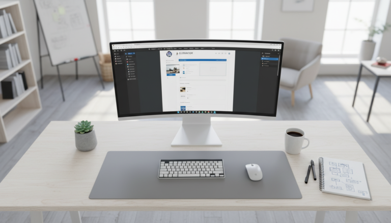 Interface do Elementor com tema WordPress, criação de site, design responsivo