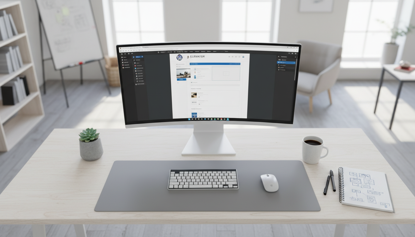 Interface do Elementor com tema WordPress, criação de site, design responsivo