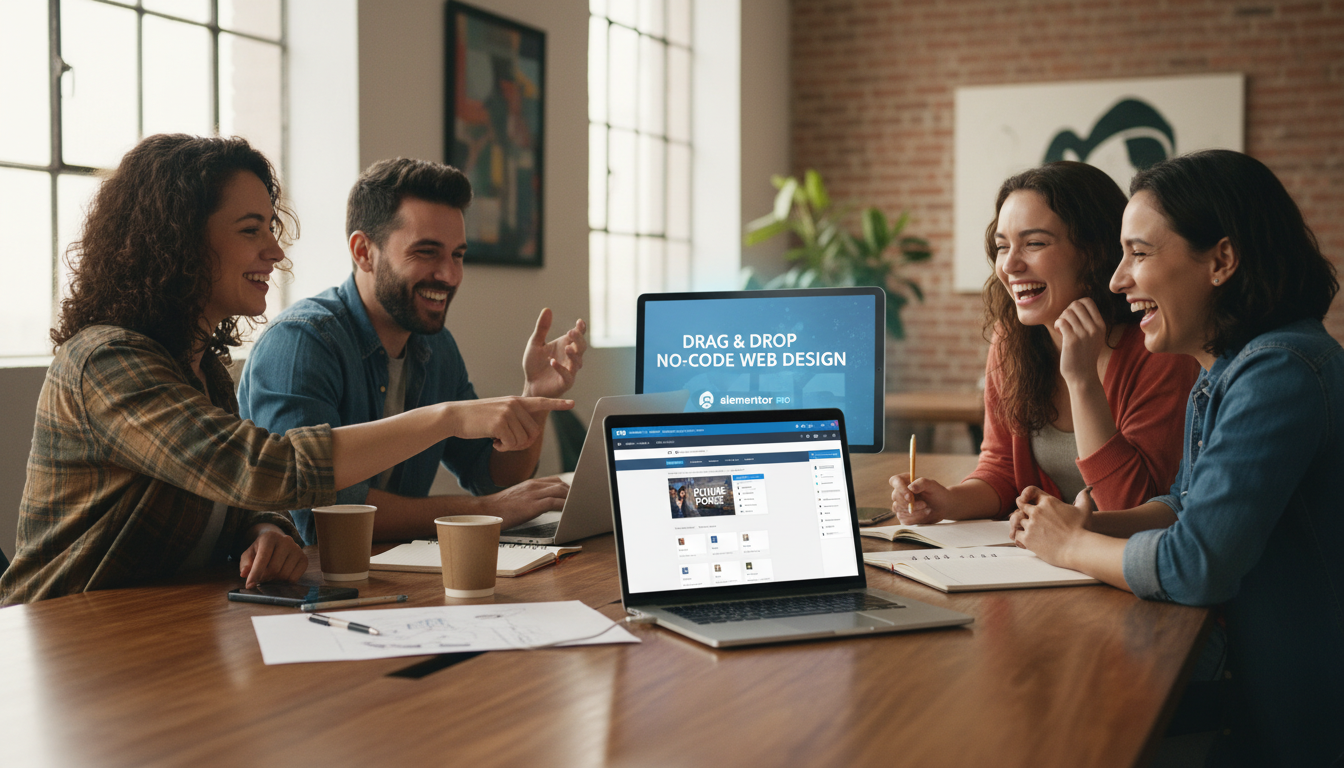 Pessoas usando Elementor PRO para design de sites, construtor de páginas WordPress, ferramenta de web design para iniciantes