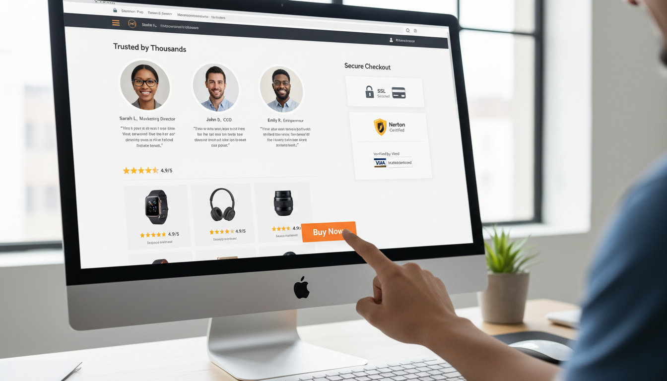 Interface do Elementor PRO com exemplos de provas sociais como depoimentos, avaliações e selos de confiança, focando em aumento de conversão.
