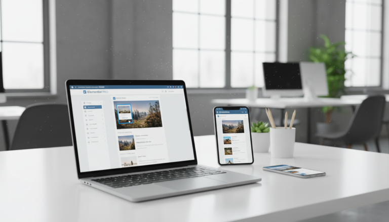 Mesa de trabalho com laptop exibindo Elementor PRO, construindo um blog corporativo moderno e responsivo