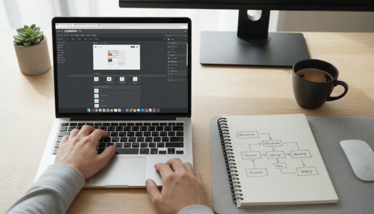 Mãos digitando no Elementor PRO em laptop, com anotações de fluxo de trabalho e café.