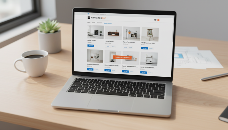 Laptop exibindo interface de e-commerce Elementor PRO com produtos e carrinho de compras