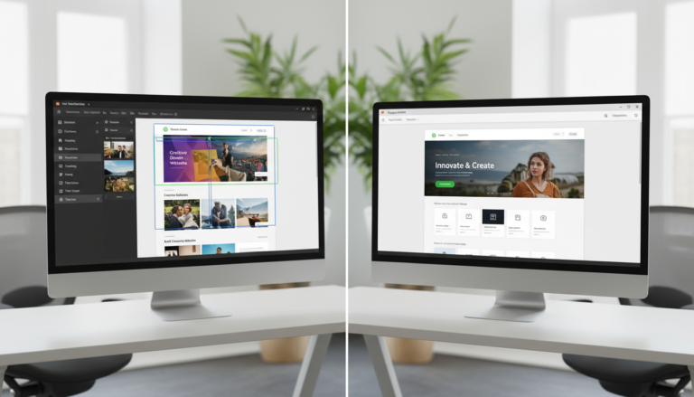 Comparação visual das interfaces de Elementor e Beaver Builder para WordPress, mostrando o painel esquerdo do Elementor e a barra superior do Beaver Builder.