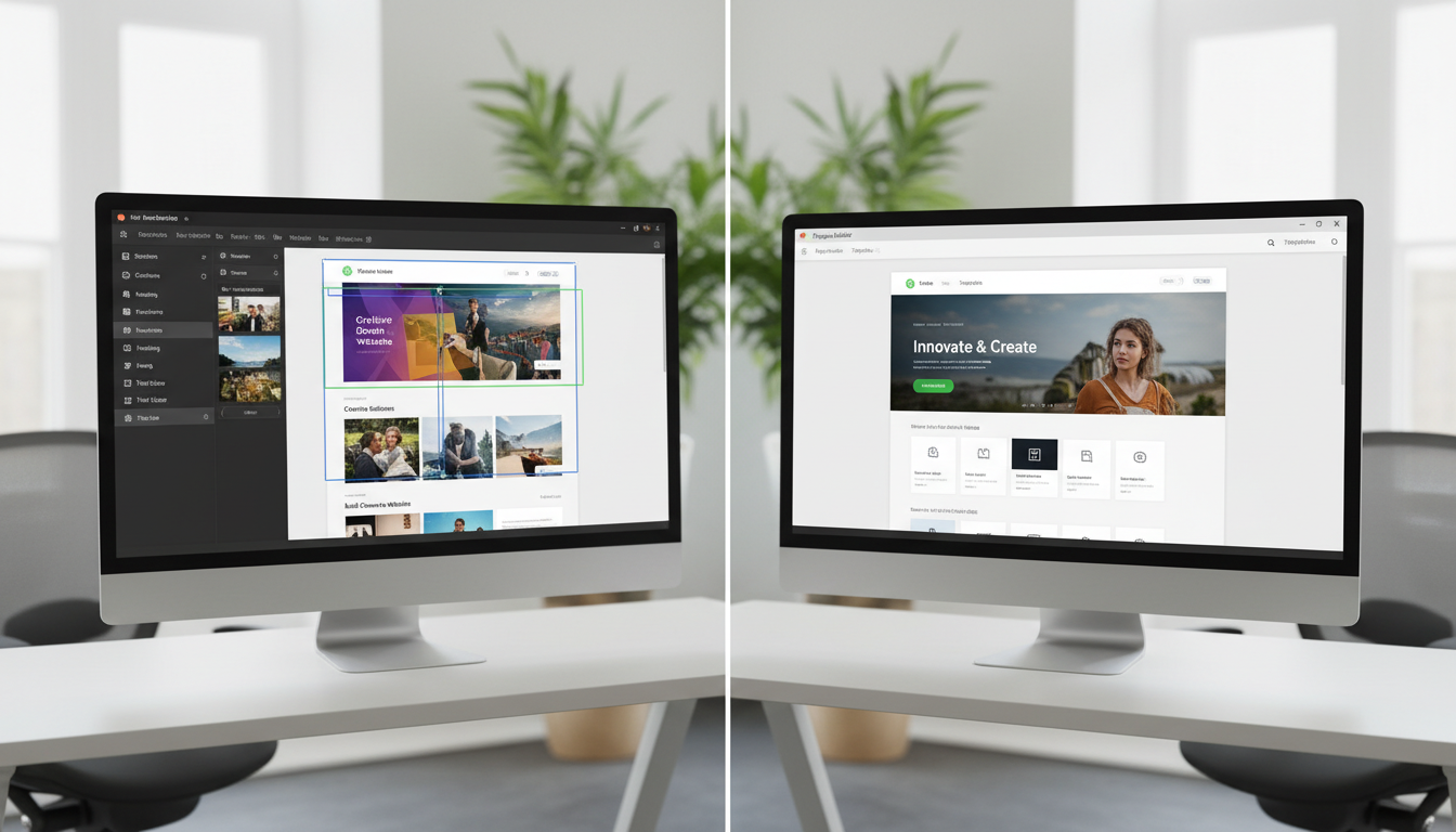 Comparação visual das interfaces de Elementor e Beaver Builder para WordPress, mostrando o painel esquerdo do Elementor e a barra superior do Beaver Builder.