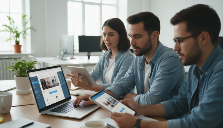 Pessoas usando Elementor PRO em laptops, equipe de agência digital, freelancer de design web