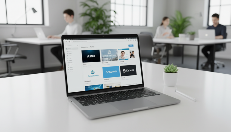 Tela de laptop exibindo temas WordPress populares como Astra, GeneratePress, OceanWP, Kadence e Neve, com opções de personalização.