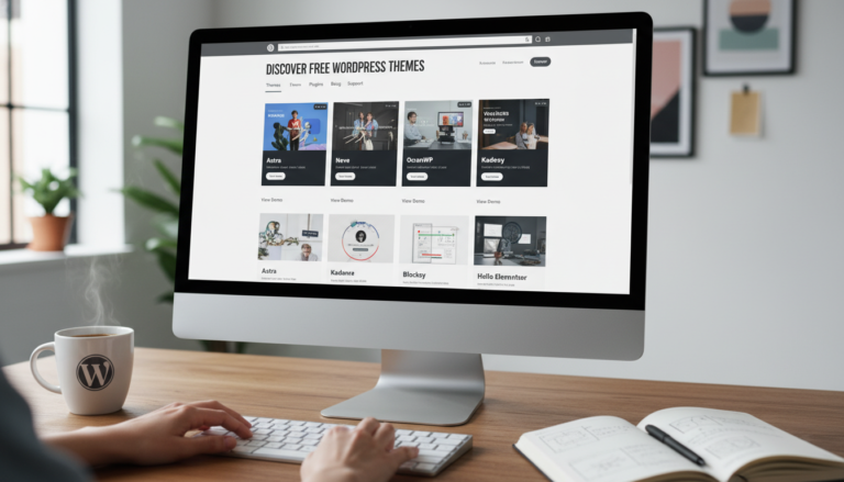 Os 10 Melhores Temas WordPress Gratuitos em 2024 sendo exibidos em um monitor, com uma pessoa digitando no teclado, criando um site.