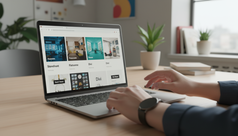 Mãos de pessoa navegando por temas WooCommerce em laptop, seleção de tema para loja online