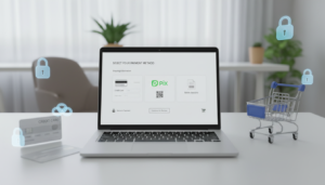 Tela de checkout com opções de pagamento, simbolizando os melhores gateways de pagamento para WooCommerce no Brasil.