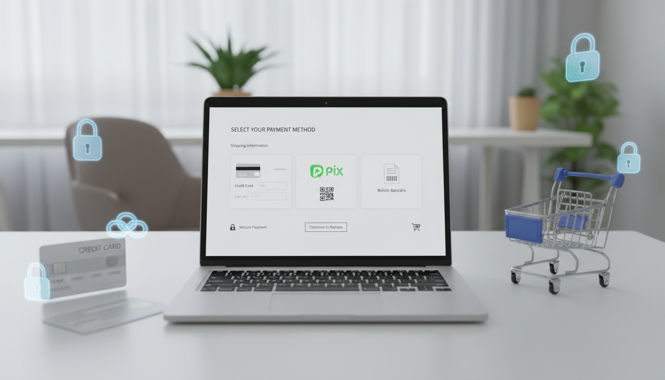 Tela de checkout com opções de pagamento, simbolizando os melhores gateways de pagamento para WooCommerce no Brasil.