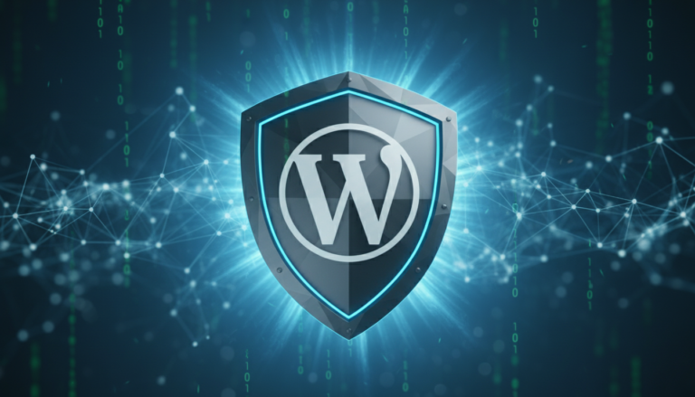 Ícone de escudo digital azul brilhante protegendo o logotipo do WordPress, representando o All-In-One Security (AIOS) 5.4.6 e sua capacidade de defesa cibernética.