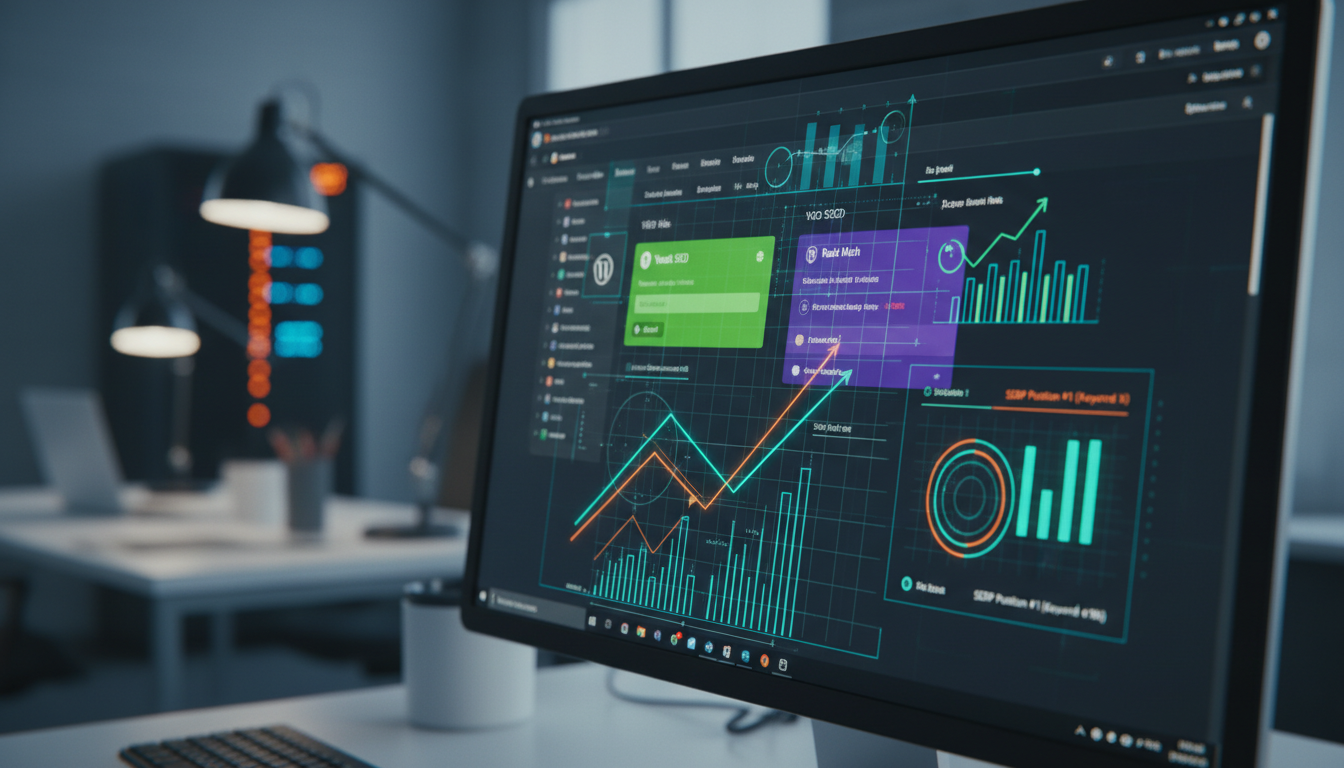 Dashboard WordPress com plugins de SEO e gráficos de tráfego