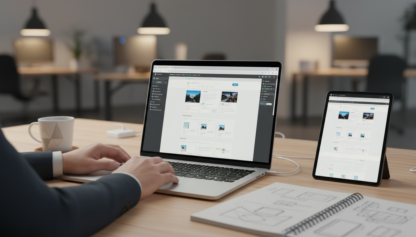 Pessoa usando Elementor PRO para criar um site profissional, mostrando o processo de design e desenvolvimento.