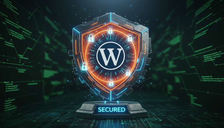 Escudo digital protegendo o logotipo do WordPress, simbolizando a segurança contra hackers e malware.