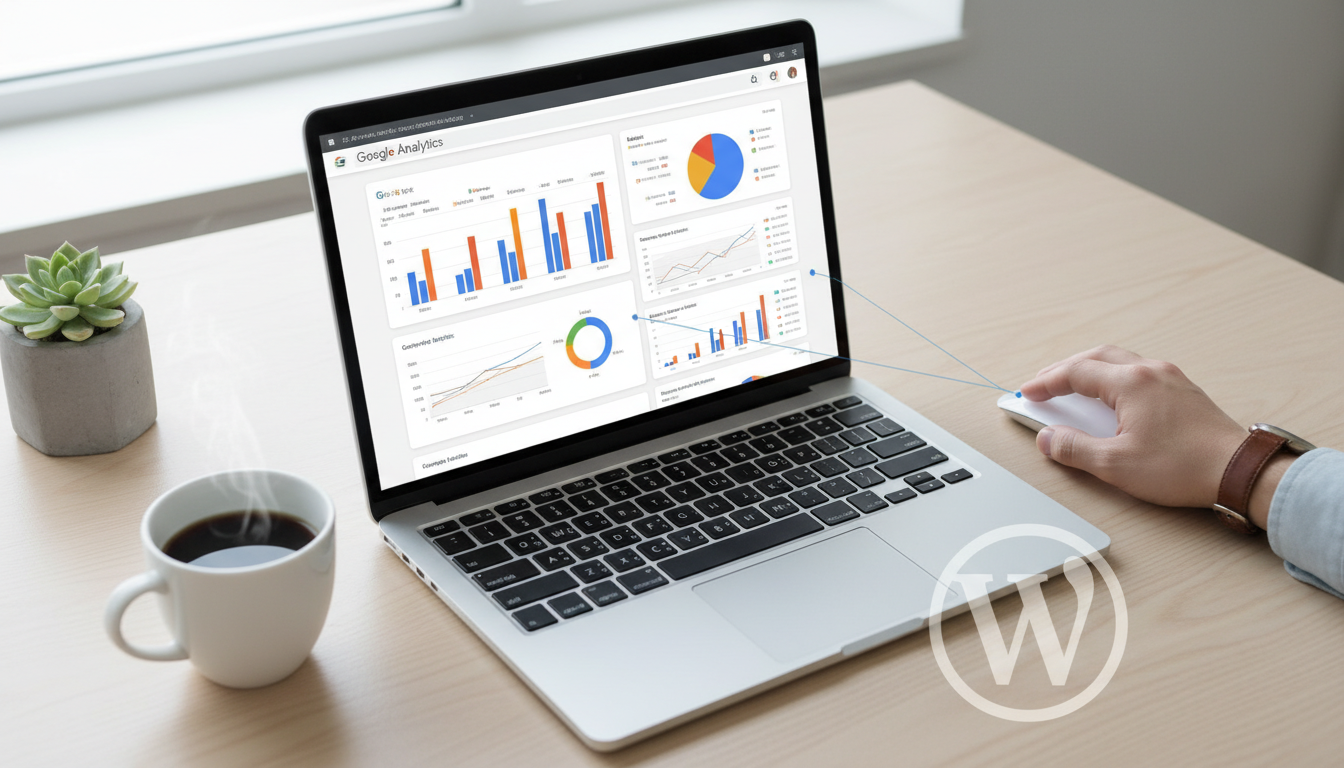 Dashboard do GA Google Analytics no WordPress, versão 20260209 com métricas e gráficos.
