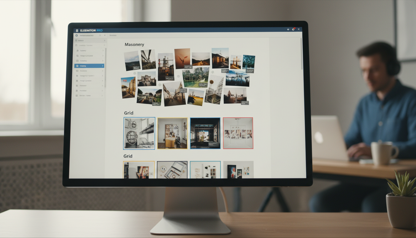 Interface do Elementor PRO mostrando um exemplo de galeria de imagens com layout masonry e filtros, destacando a facilidade de criação de conteúdo visual.